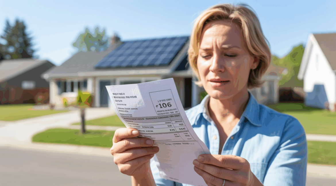 Scène réaliste d’une maison équipée de panneaux solaires avec un propriétaire examinant sa facture d’électricité, exprimant des économies évidentes.