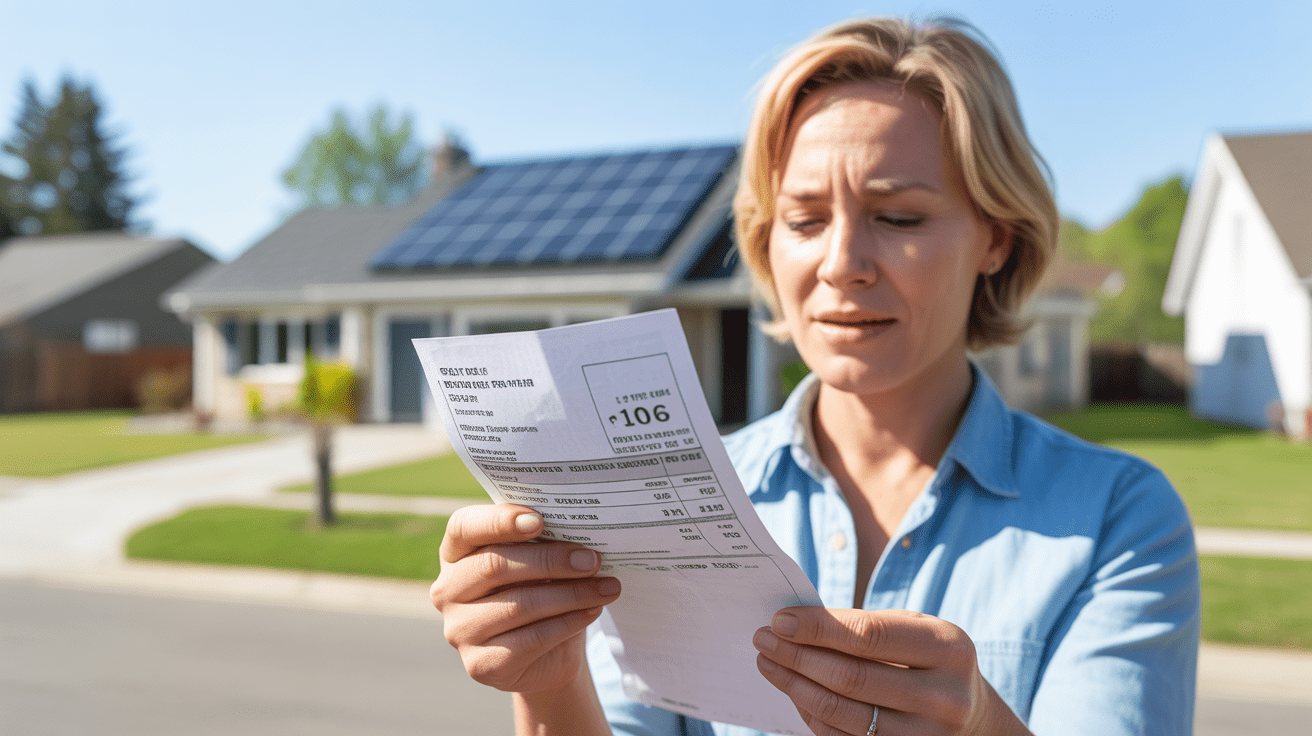 Scène réaliste d’une maison équipée de panneaux solaires avec un propriétaire examinant sa facture d’électricité, exprimant des économies évidentes.