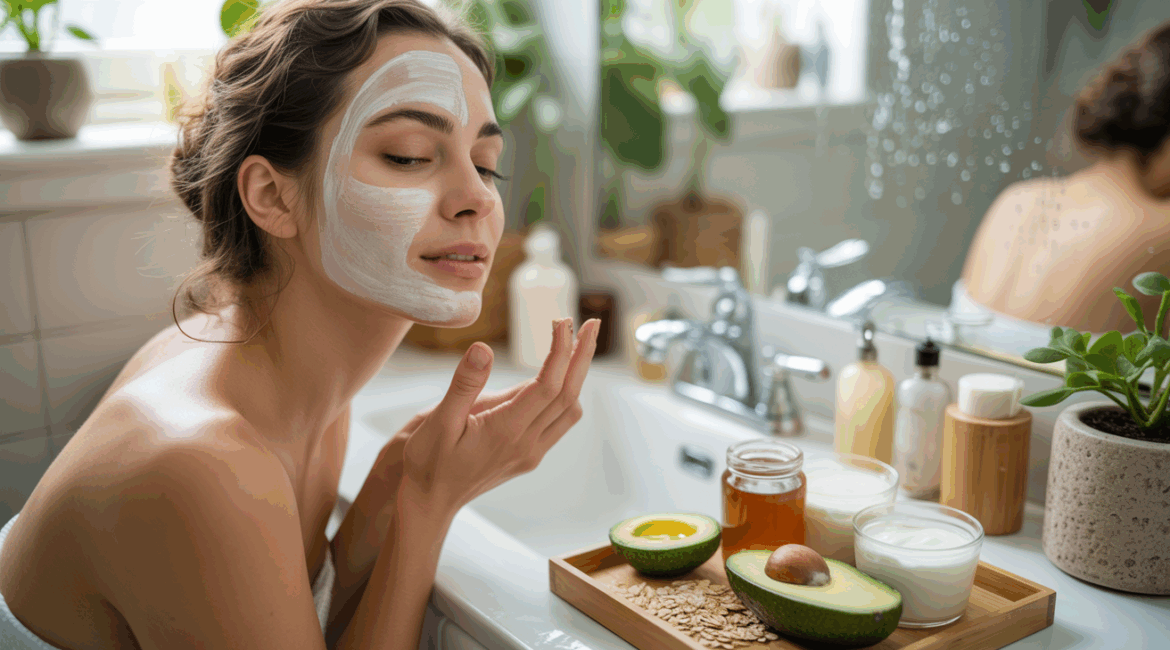 Femme appliquant un masque visage maison dans une salle de bain réaliste avec ingrédients naturels visibles.