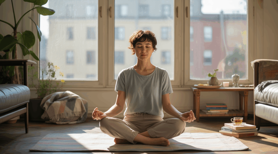 Personne assise en méditation dans un salon lumineux et réaliste, ambiance naturelle et apaisante.