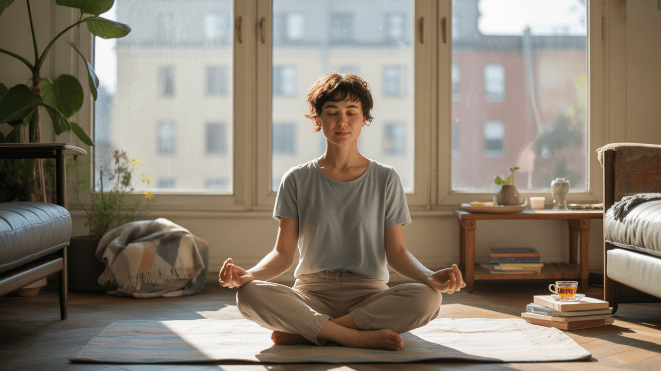Personne assise en méditation dans un salon lumineux et réaliste, ambiance naturelle et apaisante.