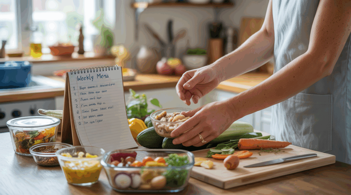 Cuisine réaliste et lumineuse avec un menu hebdomadaire manuscrit, des ingrédients frais et une préparation de repas authentique sur un plan de travail en bois.