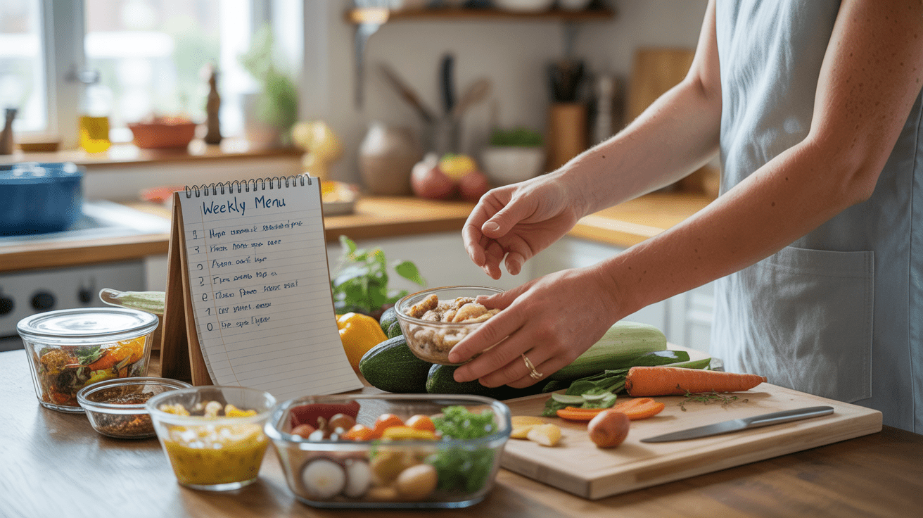 Cuisine réaliste et lumineuse avec un menu hebdomadaire manuscrit, des ingrédients frais et une préparation de repas authentique sur un plan de travail en bois.