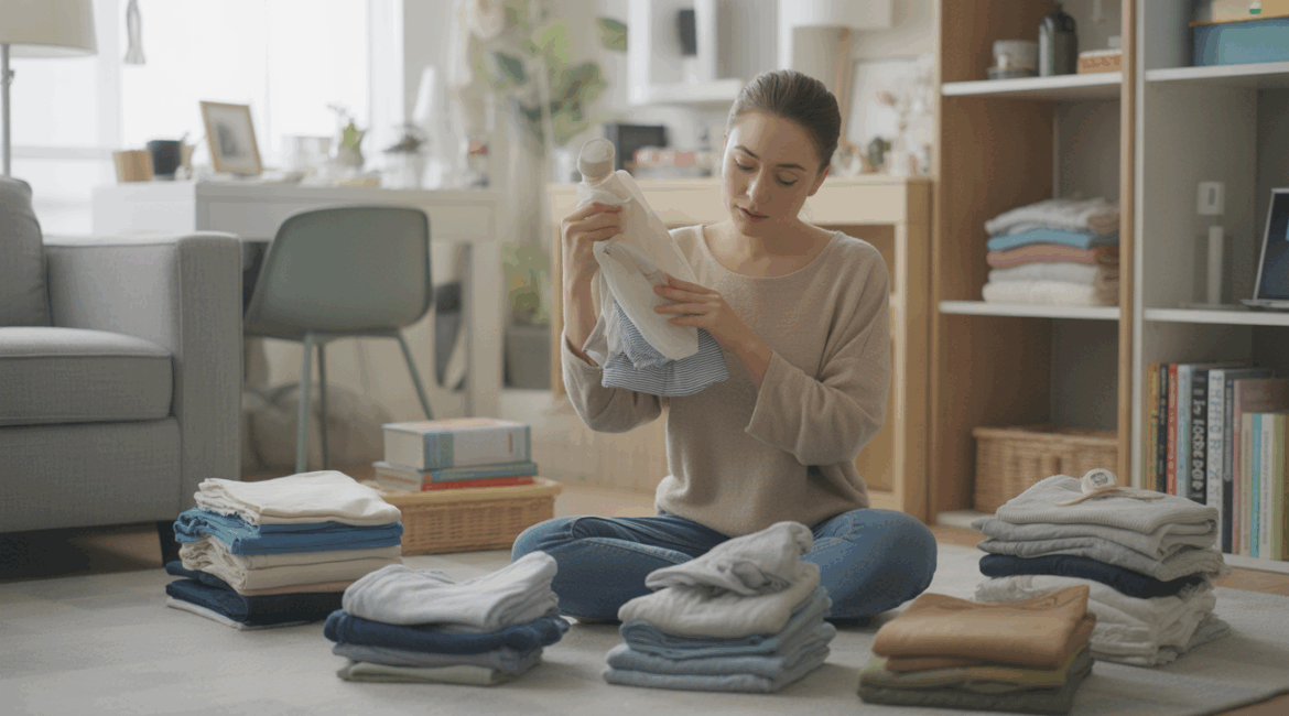 Personne triant ses affaires dans un salon lumineux selon la méthode KonMari, avec une scène réaliste et des objets du quotidien visibles.