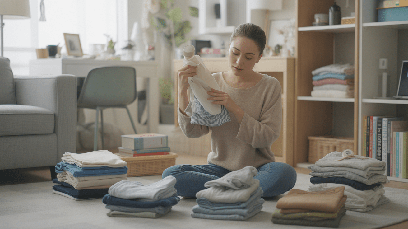 Personne triant ses affaires dans un salon lumineux selon la méthode KonMari, avec une scène réaliste et des objets du quotidien visibles.