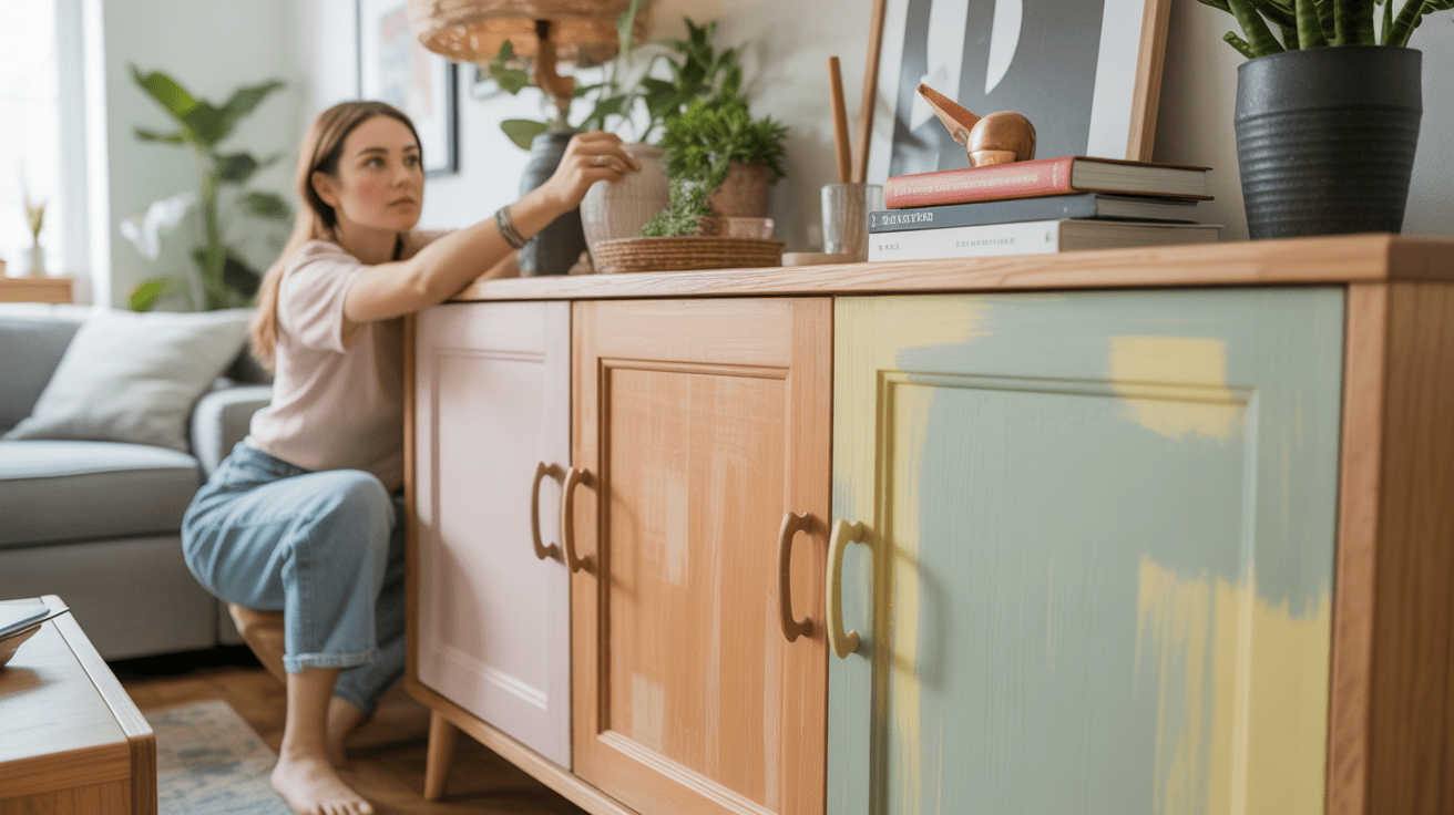 Salon lumineux avec un meuble Ikea relooké de façon authentique et décoré dans une ambiance naturelle et moderne.