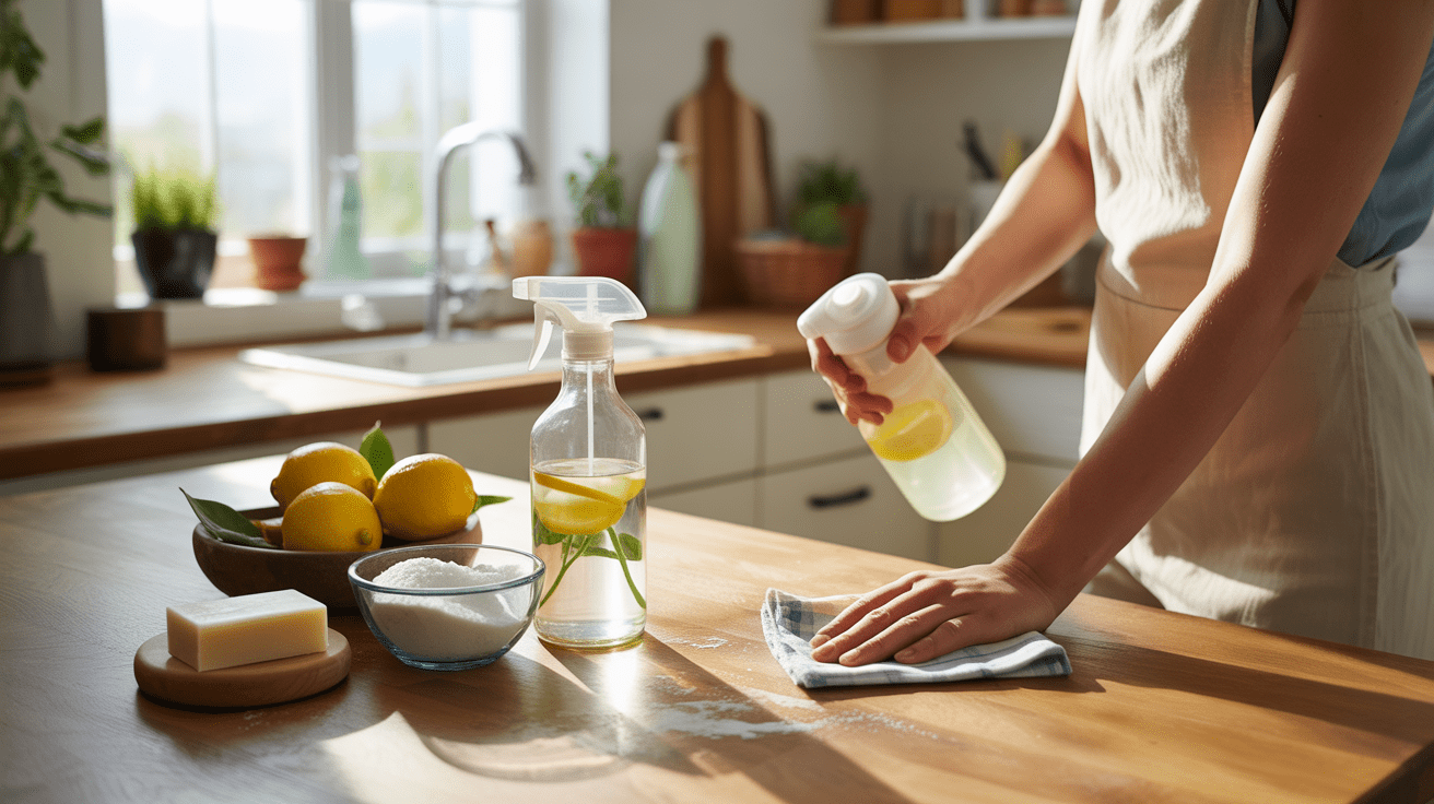Cuisine réelle et lumineuse montrant des produits naturels pour le nettoyage, avec mains en action et ambiance authentique.