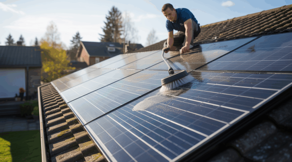 Technicien nettoyant des panneaux solaires légèrement poussiéreux sur le toit d'une maison sous un ciel lumineux, scène extérieure réaliste.