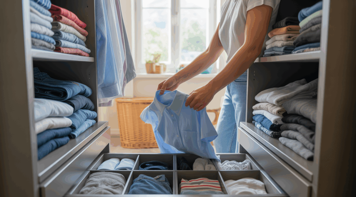 Scène réaliste d’une chambre avec une armoire ouverte parfaitement organisée et des vêtements pliés comme un professionnel, éclairée par une lumière naturelle.