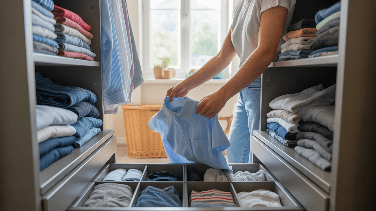 Scène réaliste d’une chambre avec une armoire ouverte parfaitement organisée et des vêtements pliés comme un professionnel, éclairée par une lumière naturelle.