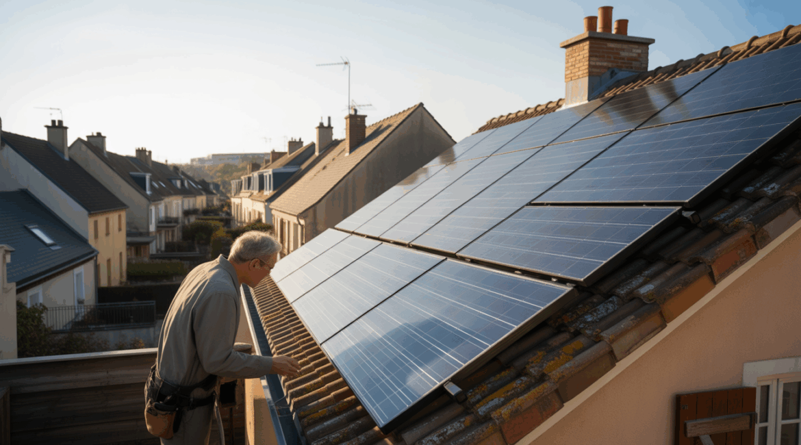 Installation solaire sur un toit français orienté plein sud avec un technicien inspectant les panneaux dans une scène naturelle et réaliste.