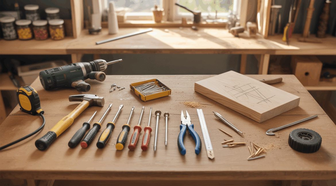 Scène réaliste d’un établi domestique avec des outils de base pour le bricolage disposés naturellement.