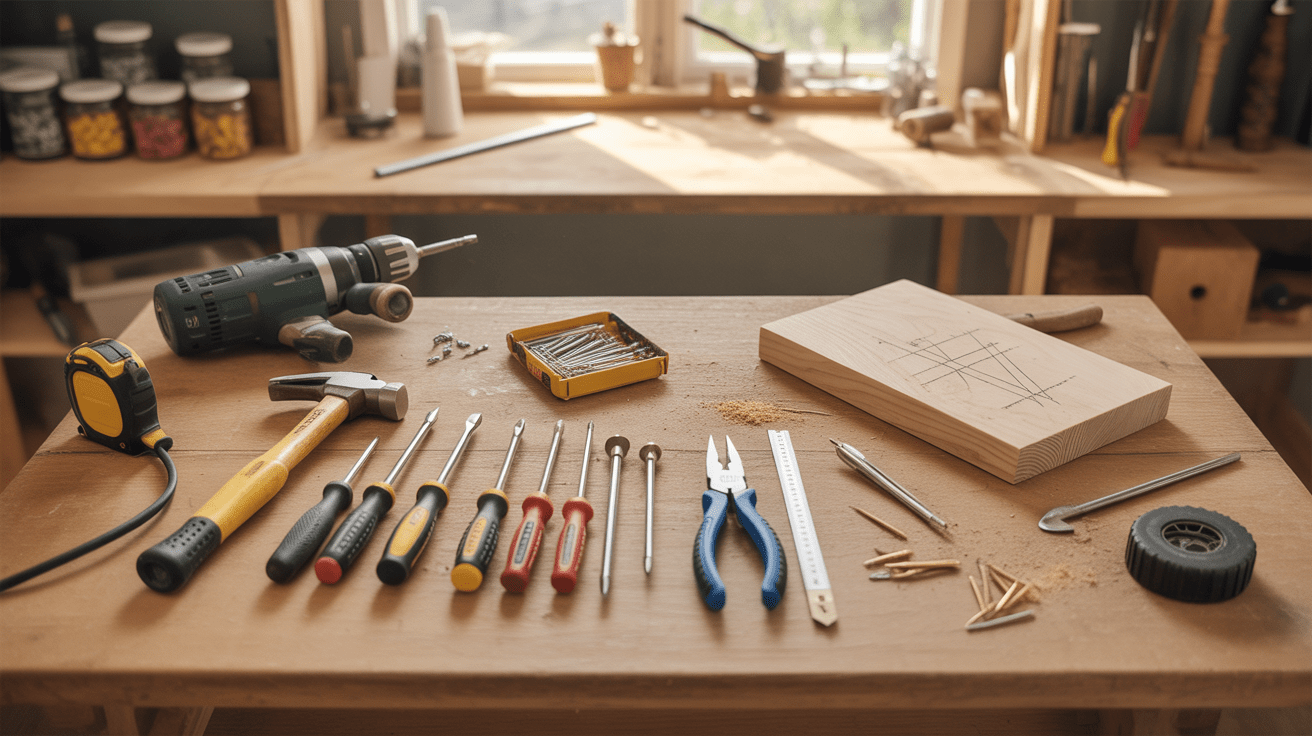 Scène réaliste d’un établi domestique avec des outils de base pour le bricolage disposés naturellement.