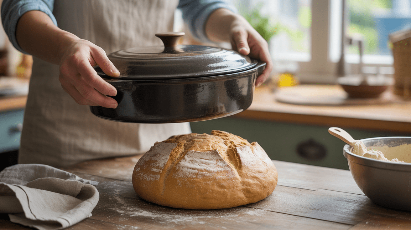 Pain maison sans pétrissage dans une cuisine réaliste, sorti d’une cocotte par des mains légèrement farinées.