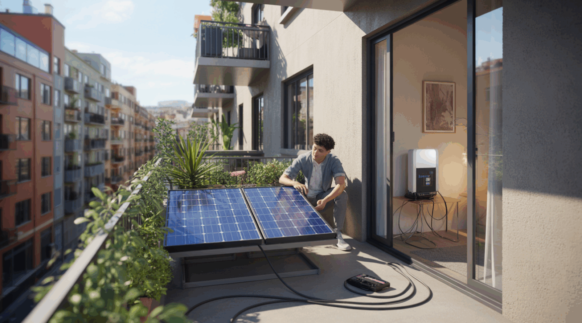 Balcon urbain avec panneaux solaires réalistes et personne vérifiant un micro-onduleur près de la baie vitrée.
