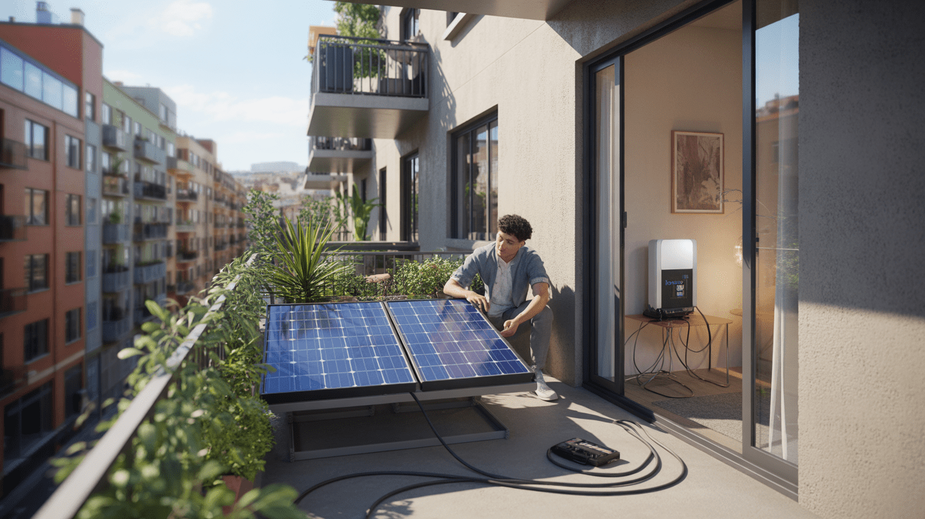 Balcon urbain avec panneaux solaires réalistes et personne vérifiant un micro-onduleur près de la baie vitrée.
