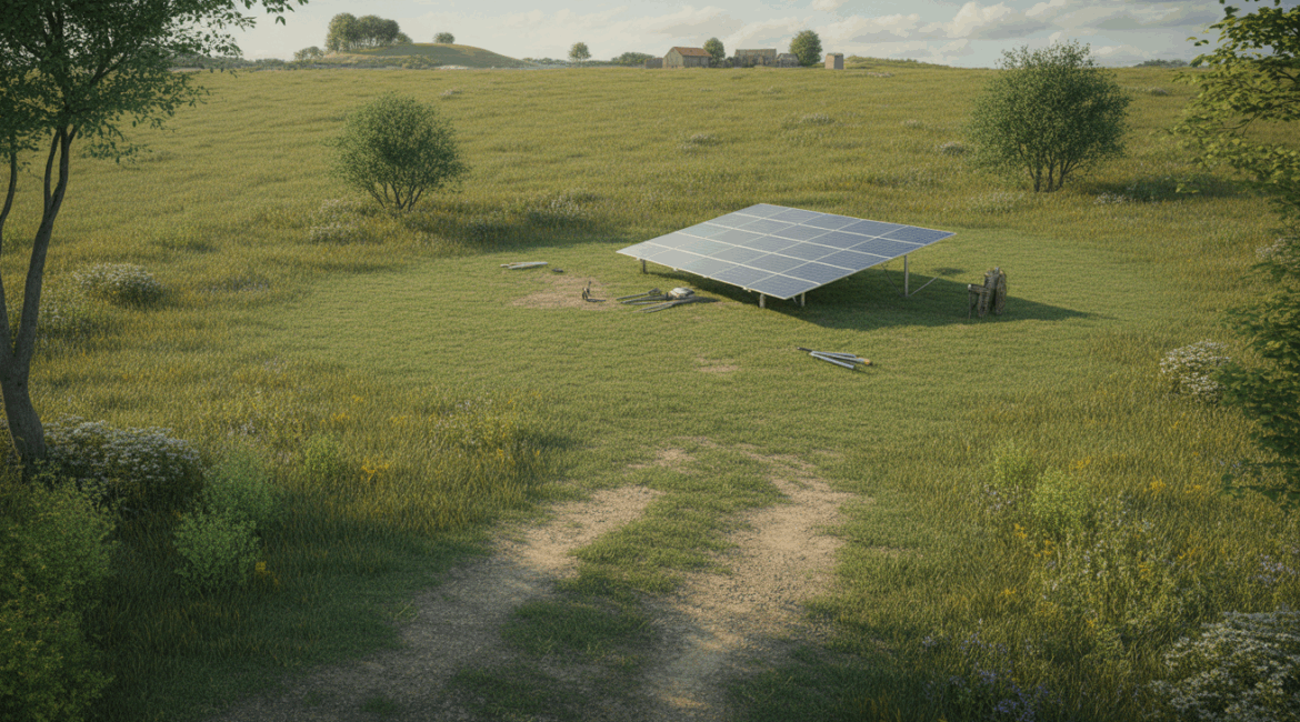 Installation réaliste de panneaux solaires sur un terrain rural non constructible, intégrés dans un paysage naturel avec herbes, arbres et bâtiments agricoles au loin.