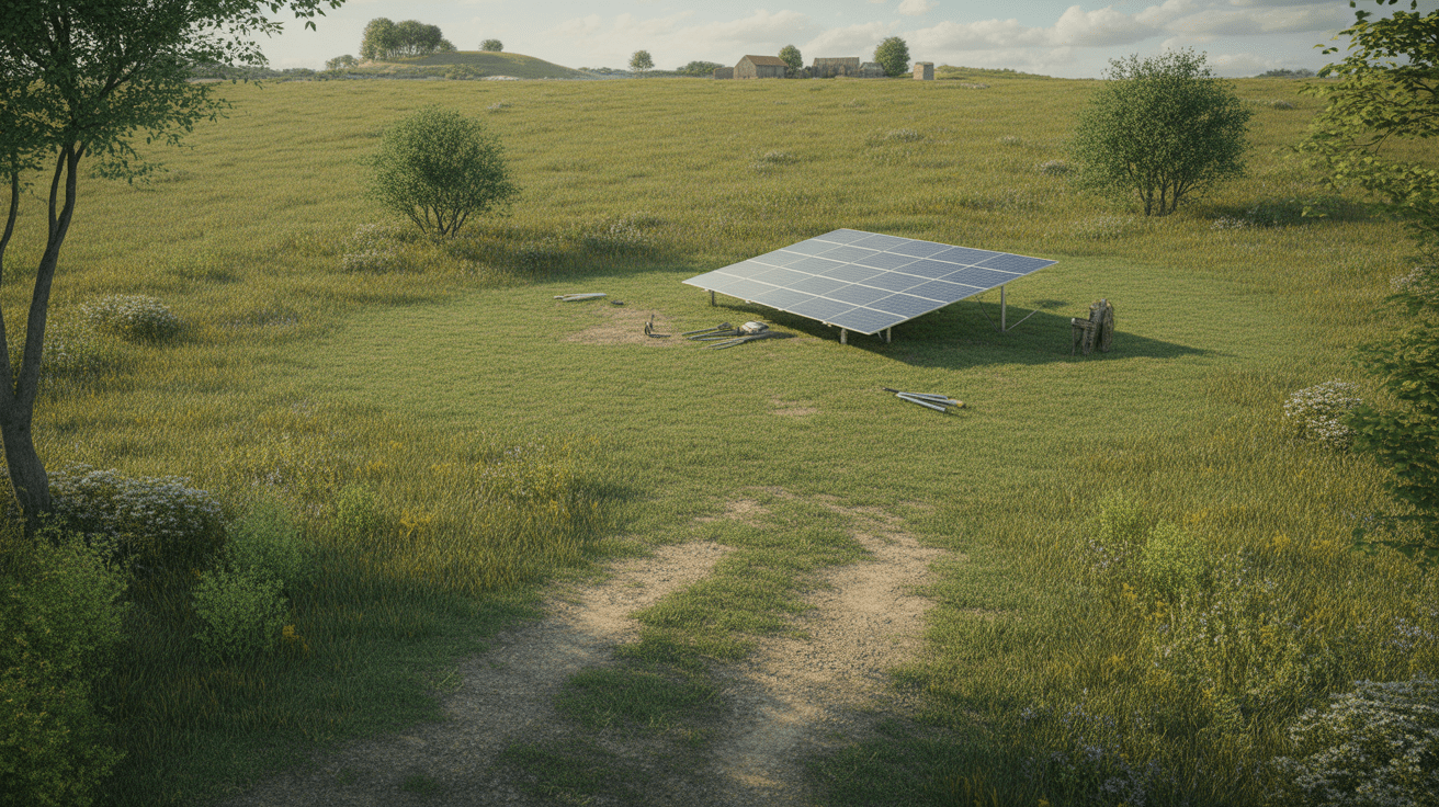 Installation réaliste de panneaux solaires sur un terrain rural non constructible, intégrés dans un paysage naturel avec herbes, arbres et bâtiments agricoles au loin.