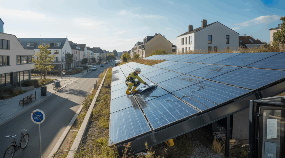 Bâtiment neuf moderne équipé de panneaux solaires sur le toit, avec un technicien inspectant l'installation dans un environnement urbain réaliste.