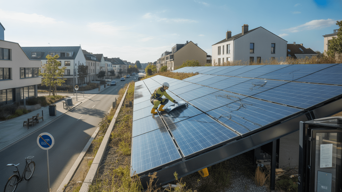 Bâtiment neuf moderne équipé de panneaux solaires sur le toit, avec un technicien inspectant l'installation dans un environnement urbain réaliste.