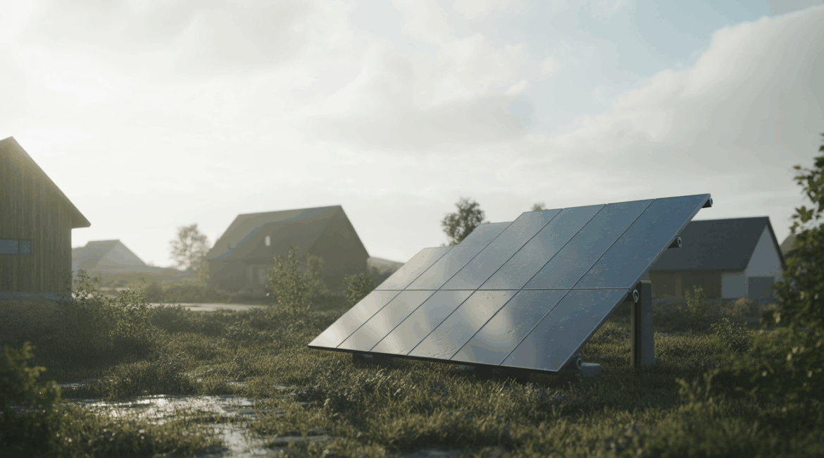 Installation solaire réaliste fonctionnant sous un ciel couvert, avec panneaux légèrement humides et environnement naturel détaillé.