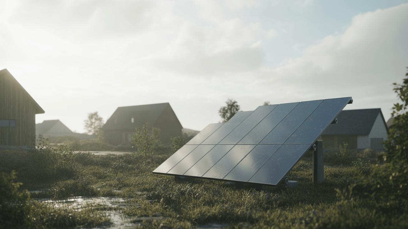 Installation solaire réaliste fonctionnant sous un ciel couvert, avec panneaux légèrement humides et environnement naturel détaillé.