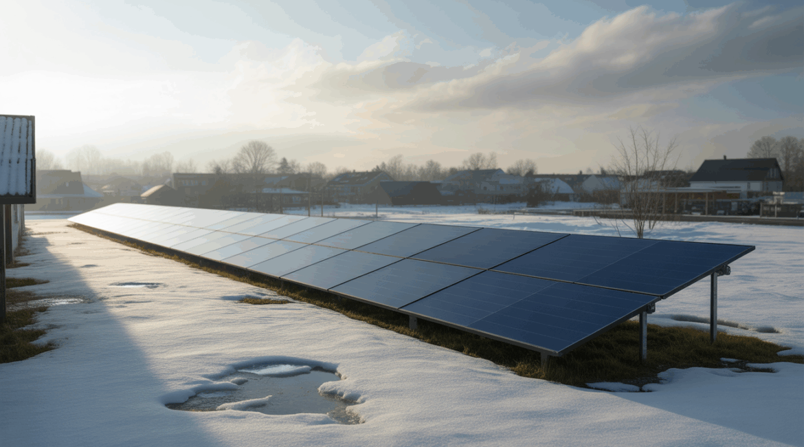 Panneaux solaires réalistes en hiver sur un toit partiellement enneigé dans un quartier résidentiel.