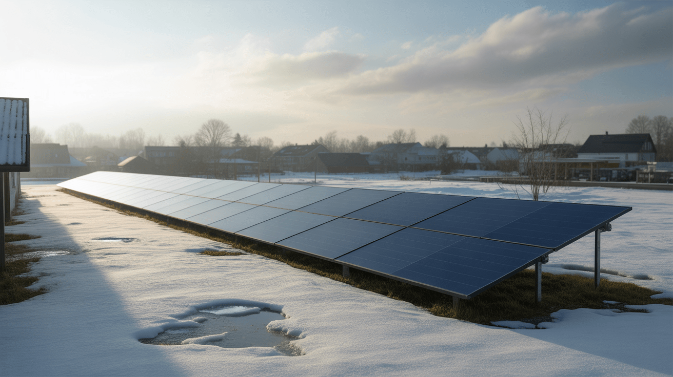 Panneaux solaires réalistes en hiver sur un toit partiellement enneigé dans un quartier résidentiel.