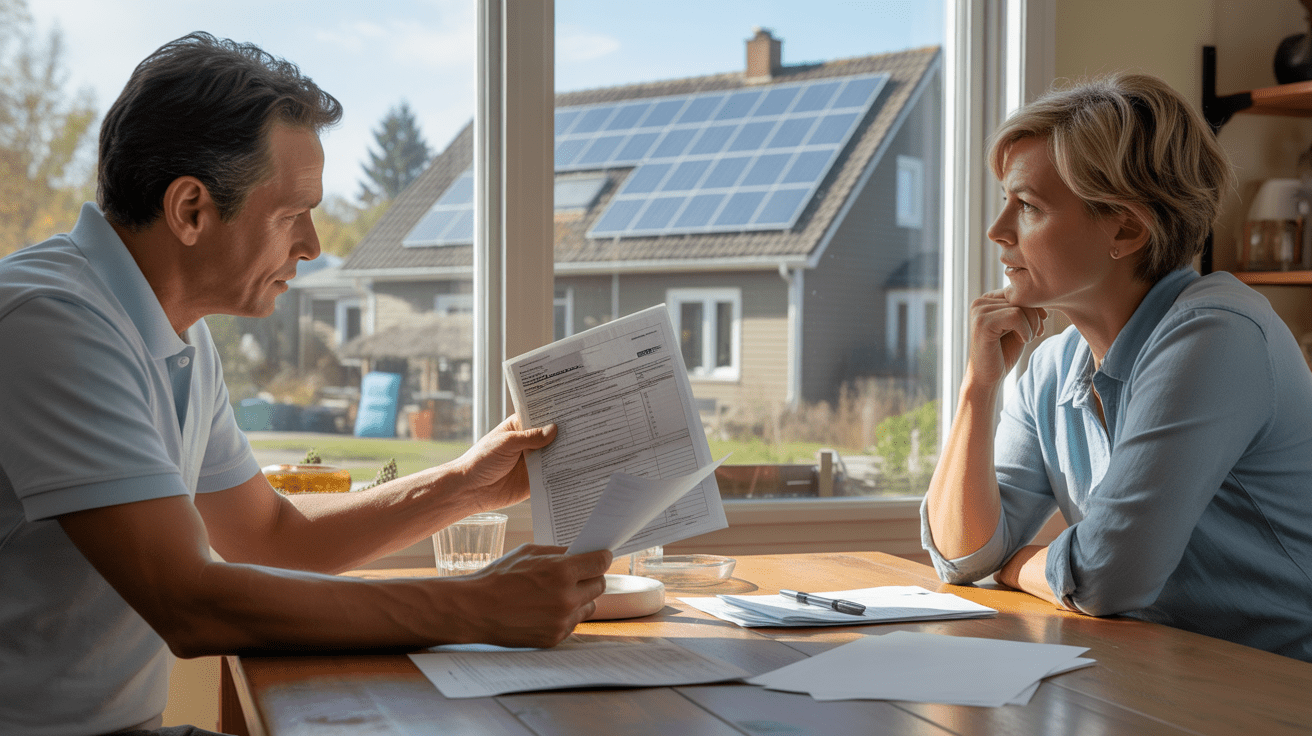 Scène réaliste d’un propriétaire discutant de démarches fiscales avec un conseiller, avec des panneaux solaires visibles sur le toit de la maison.