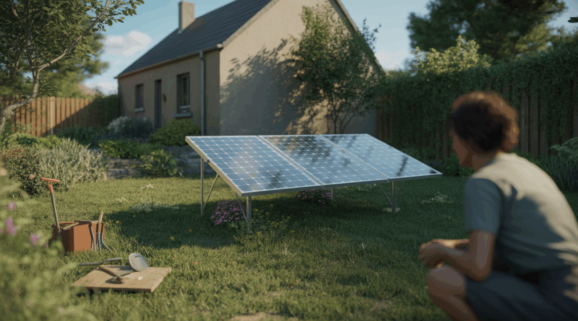 Installation réaliste de panneaux solaires au sol dans un jardin familial avec maison en arrière-plan et végétation naturelle.