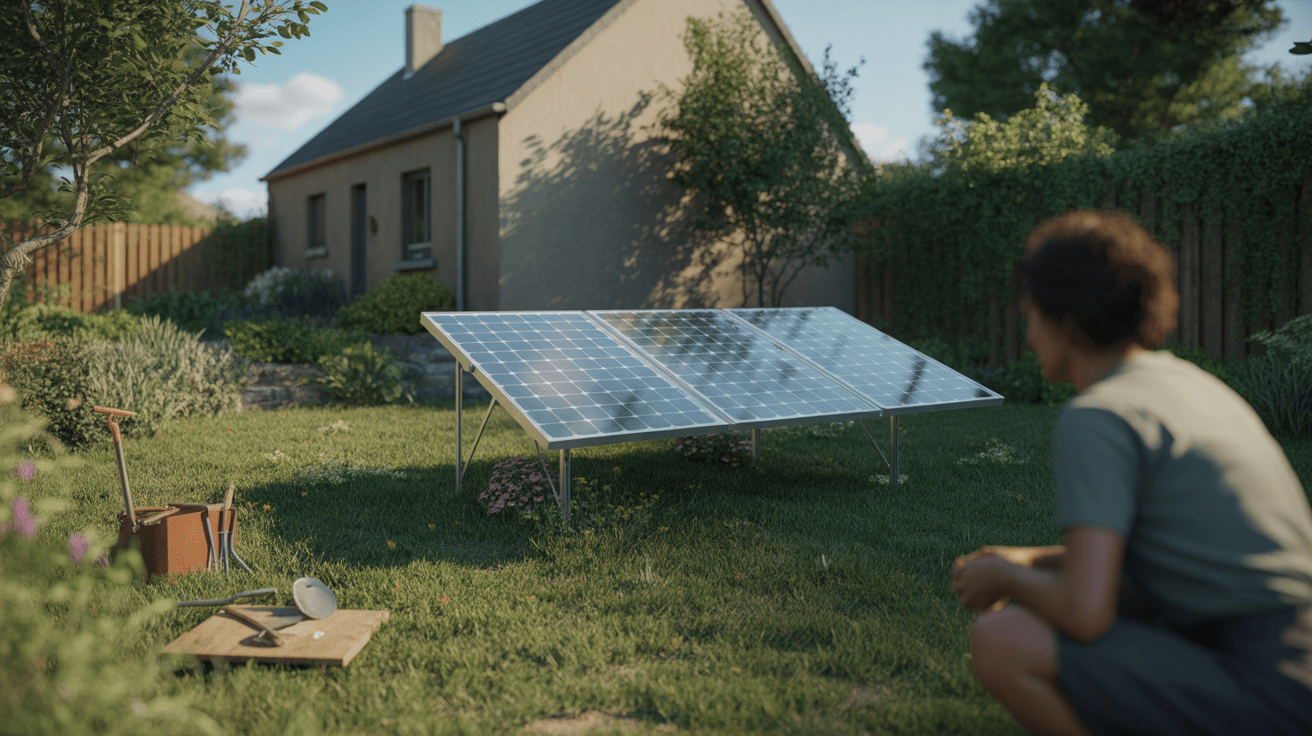 Installation réaliste de panneaux solaires au sol dans un jardin familial avec maison en arrière-plan et végétation naturelle.