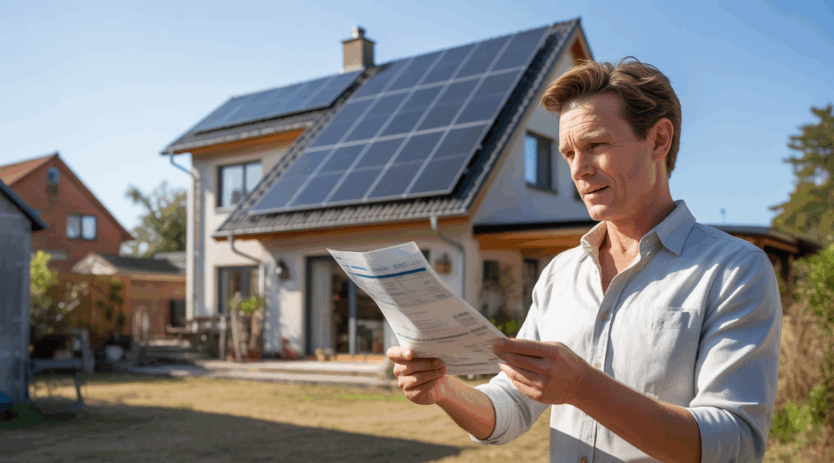 Maison familiale réelle avec panneaux solaires sur le toit et propriétaire examinant une facture d’énergie dans un jardin naturel.