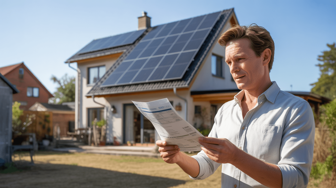 Maison familiale réelle avec panneaux solaires sur le toit et propriétaire examinant une facture d’énergie dans un jardin naturel.