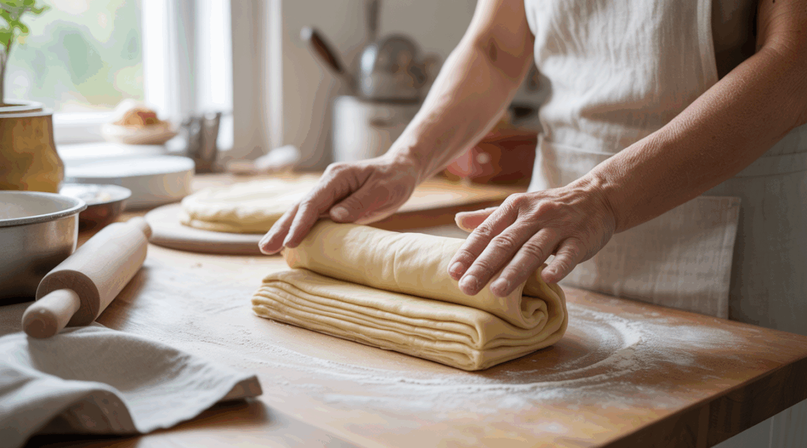 Scène de cuisine chaleureuse montrant des mains préparant une pâte feuilletée maison sur un plan de travail en bois.