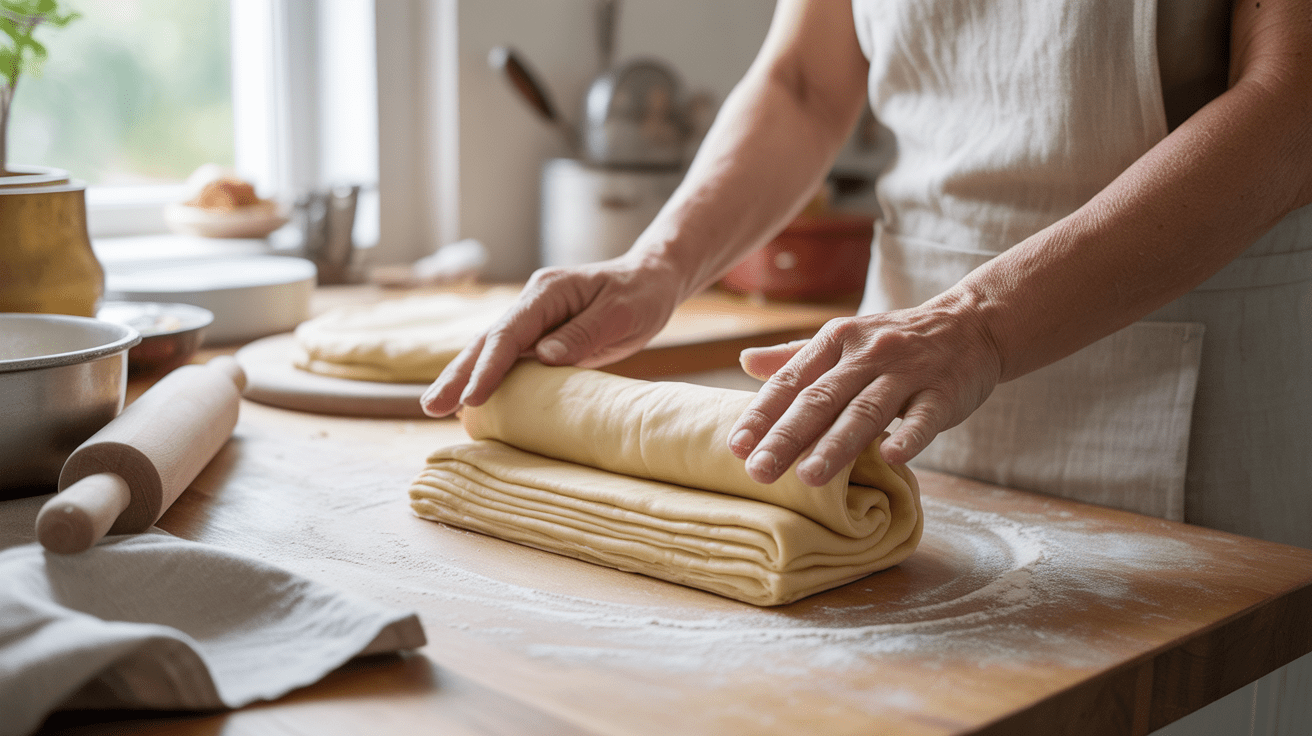 Scène de cuisine chaleureuse montrant des mains préparant une pâte feuilletée maison sur un plan de travail en bois.