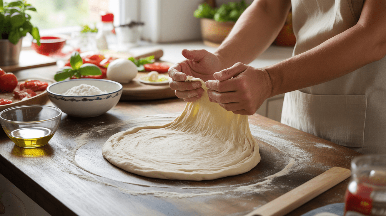 Scène de cuisine réaliste montrant des mains étirant une pâte à pizza maison avec ingrédients frais et lumière naturelle.