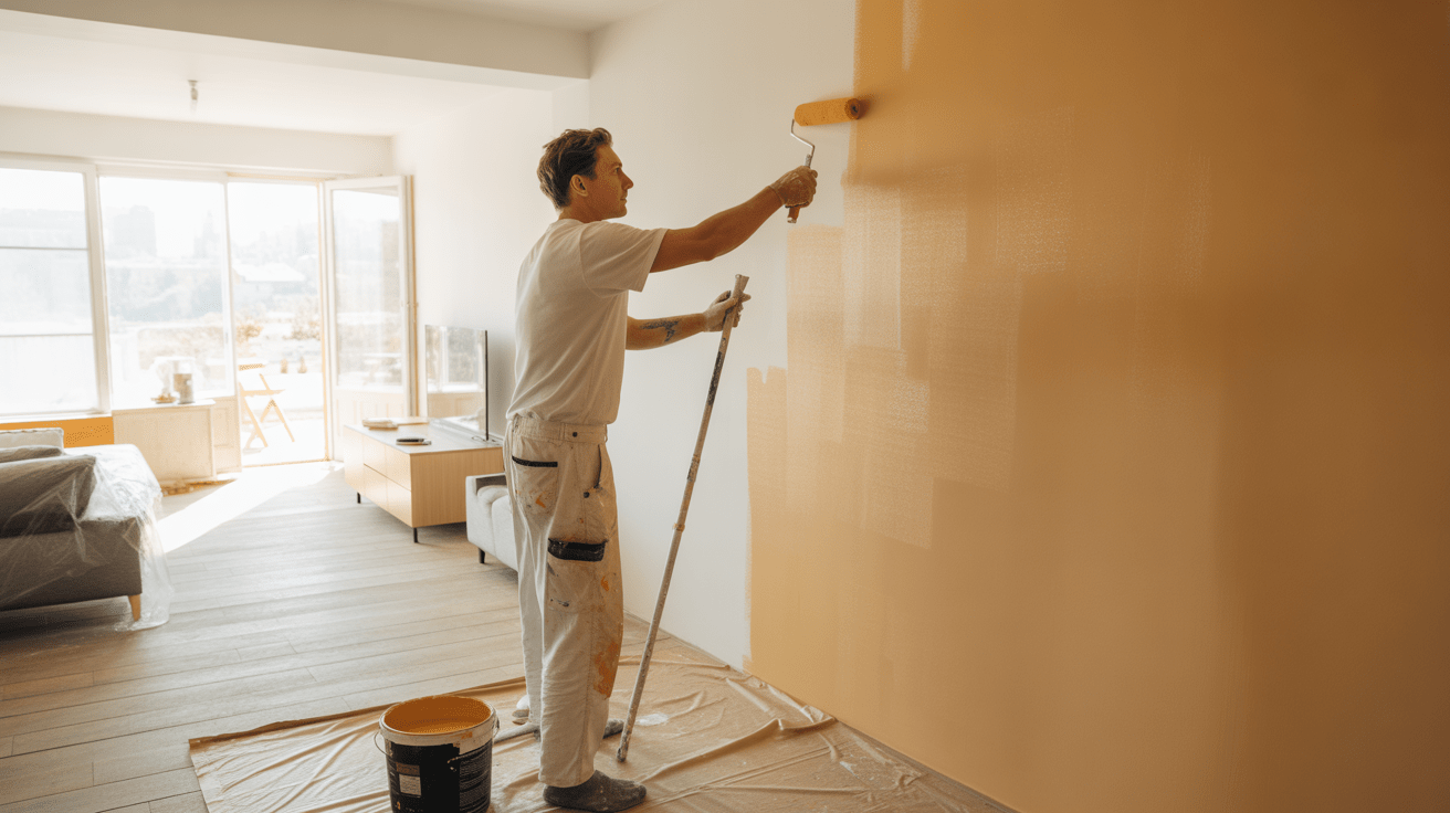 Pièce de vie réaliste en cours de peinture avec un peintre appliquant une nouvelle couleur sur un mur dans une maison moderne et lumineuse.