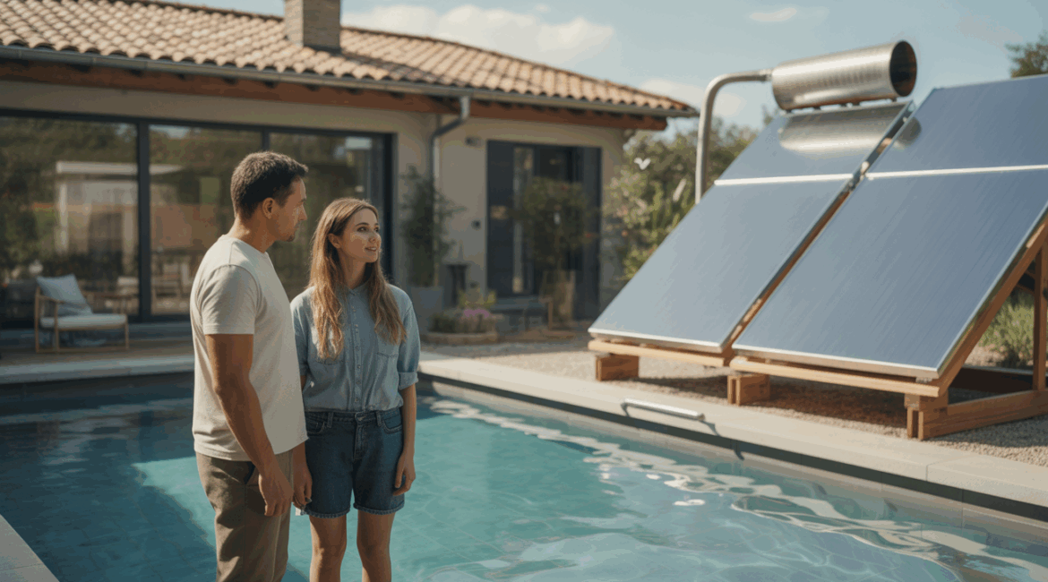 Maison moderne avec piscine chauffée par des panneaux solaires thermiques sur le toit, dans une scène extérieure réaliste et lumineuse.