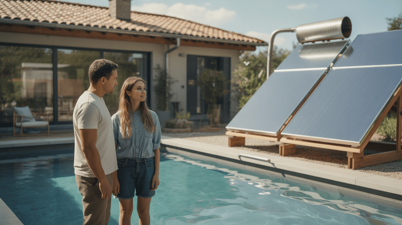 Maison moderne avec piscine chauffée par des panneaux solaires thermiques sur le toit, dans une scène extérieure réaliste et lumineuse.
