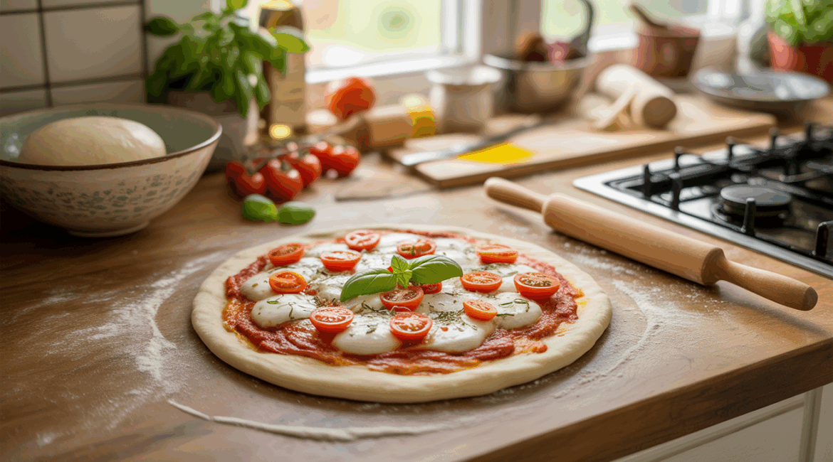 Pizza maison express sur un plan de travail en bois, avec ingrédients frais et ambiance de cuisine authentique.