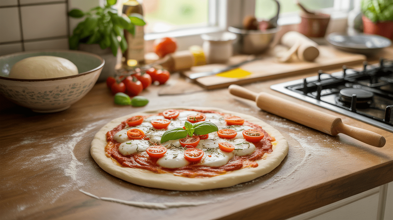 Pizza maison express sur un plan de travail en bois, avec ingrédients frais et ambiance de cuisine authentique.