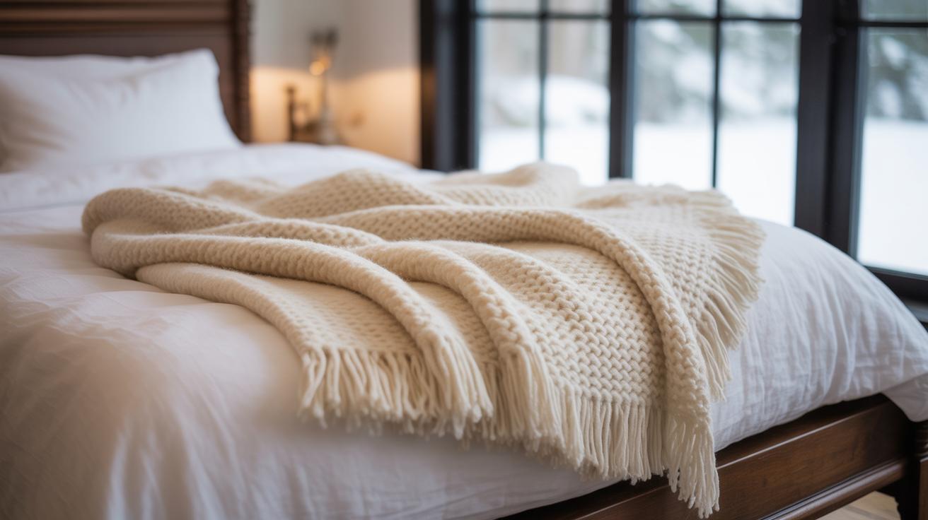 Plaid en tricot crème sur un lit en bois dans une chambre d’hiver lumineuse