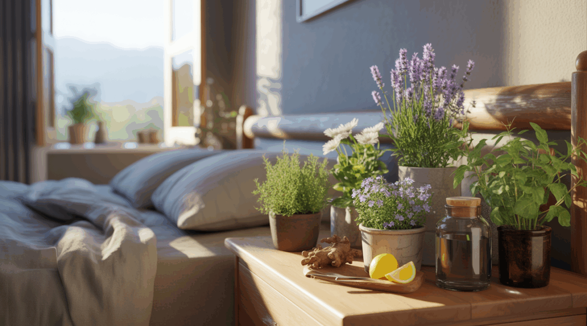 Scène réaliste d une chambre à l aube avec des plantes apaisantes comme la lavande et la camomille sur une table de chevet.