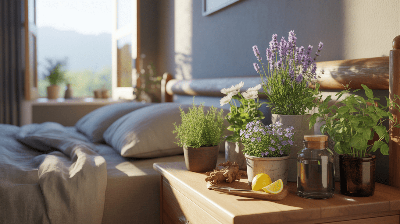 Scène réaliste d une chambre à l aube avec des plantes apaisantes comme la lavande et la camomille sur une table de chevet.