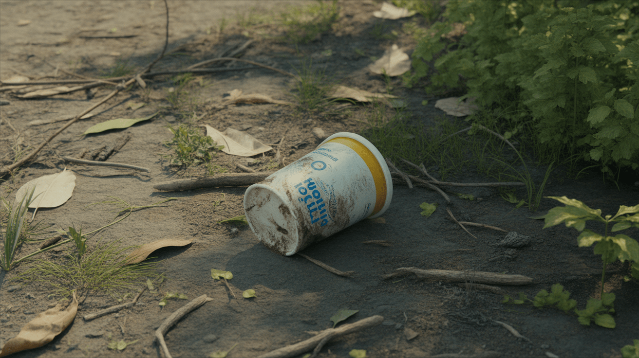 Un pot de yaourt usagé partiellement enfoui dans le sol d’un environnement naturel, entouré de verdure et de traces de décomposition lente.