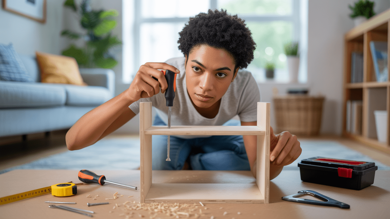 Débutant réalisant un petit projet de bricolage dans un salon lumineux et réaliste.