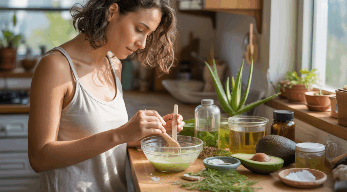 Femme préparant des soins capillaires naturels maison dans une cuisine ensoleillée avec ingrédients frais et ambiance authentique.