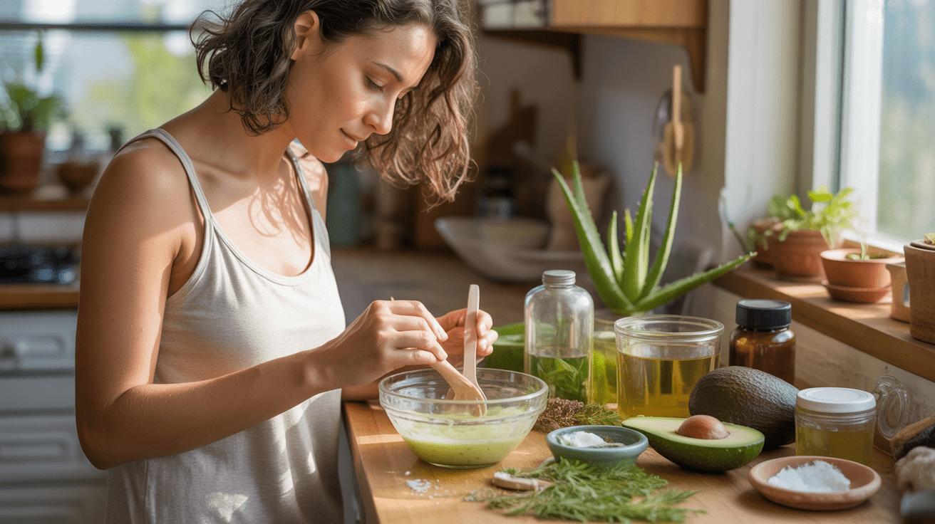 Femme préparant des soins capillaires naturels maison dans une cuisine ensoleillée avec ingrédients frais et ambiance authentique.