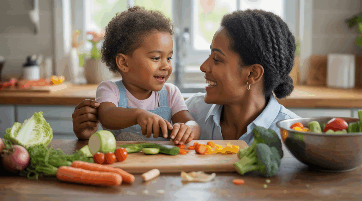 Scène réaliste d’un parent et d’un enfant préparant ensemble des légumes frais dans une cuisine lumineuse et authentique.