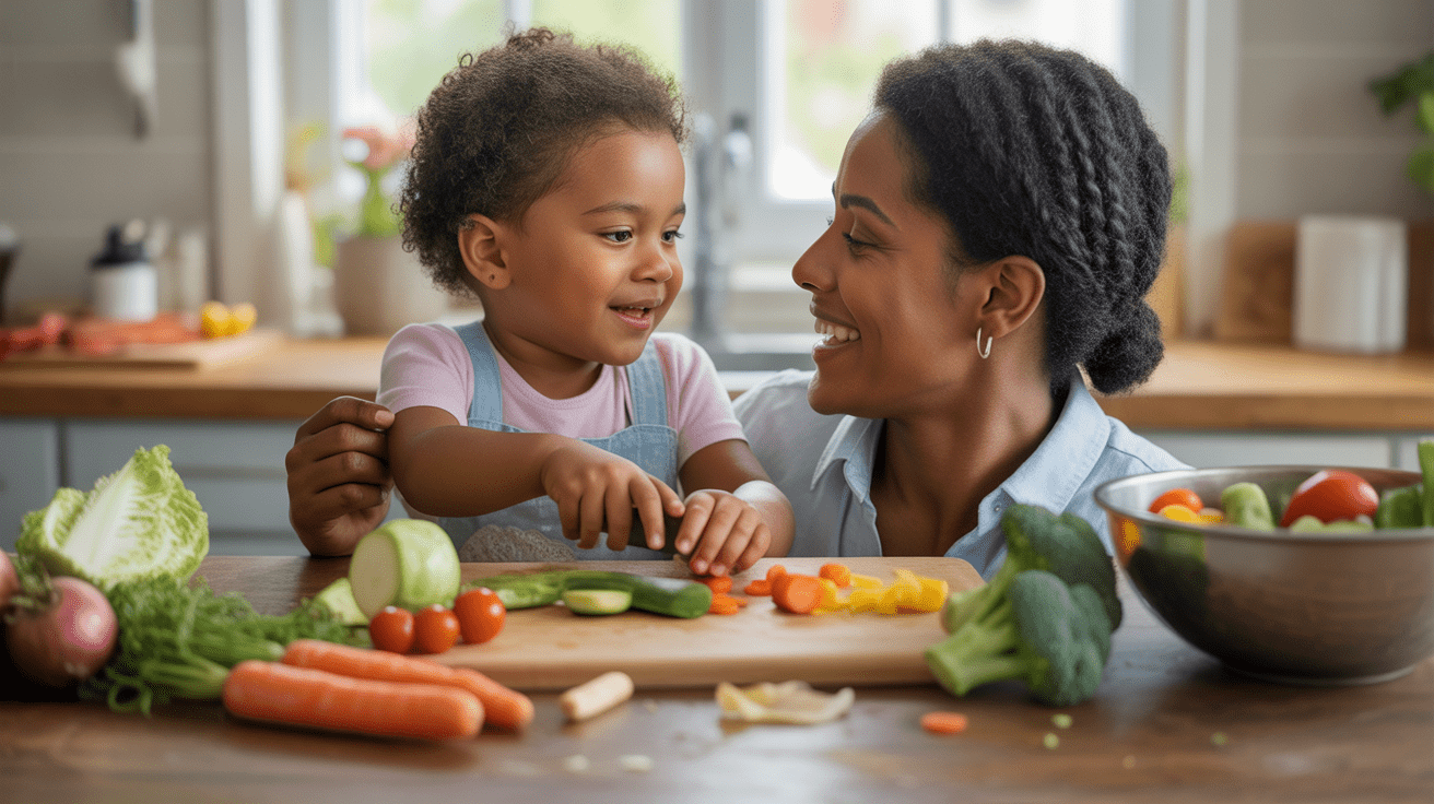 Scène réaliste d’un parent et d’un enfant préparant ensemble des légumes frais dans une cuisine lumineuse et authentique.